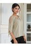 Women's Crew Neck Three Quarter Sleeve Shoulder and Sleeve Guipure Stone Design Detail Summer Tshirt Blouse