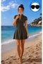 Women's Khaki Swimsuit with Skirt, Short Sleeves, Zipper, and Chest Pads - 4