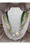 Women's Green Lilac Floral Patterned Scarf Necklace with Large Pearl Detail Stylish Fabric Neck Necklace