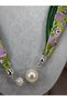 Women's Green Lilac Floral Patterned Scarf Necklace with Large Pearl Detail Stylish Fabric Neck Necklace - 2