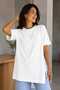 Women's Basic Oversize T-Shirt, Crew Neck, Long Length, Slit, Laser Cut, 100% Cotton