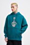Men's Middle Finger Printed Hooded Oversize Sweatshirt Petrol Green
