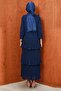 Navy Blue Layered Pleated Evening Dress - 5