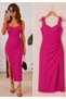 Square Neck Side Slit Detailed Gathered Crepe Fabric Stylish Midi Dress