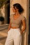 Short Sleeve Ribbed Crop Women's Blouse with U-Neck and Ruffle Detail - 4