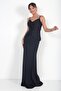 Women's Thin Strap Lined Front Gathered Bocuk Detailed Top Satin Skirt Crepe Long Dress - 3