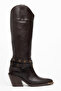 Bitter Brown Matte Leather Metal Toe Cap Below the Knee Staple Belt Detail Western Cowboy Boots - 3