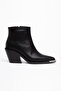 Black Matte Leather Flat Zippered Metal Toe Western Cowboy Short Ankle Boots - 2