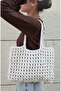 Women's White Knitted Medium Size 36×26cm Handcrafted Daily Shoulder Bag