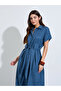 Blue Shirt Midi Dress with Tie-Belt - 2