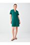 Dark Green Shirt Collar Cotton Linen Short Dress - 2