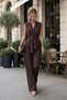 Women's Stylish V-Neck Belted Pleated Vest and Wide-Legged Trousers with Pockets Two-Piece Set - 3