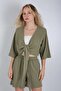 Women's Kimono Collar Tie-Front Seersucker Shorts Set - Top and Bottom Two-Piece Set - 2