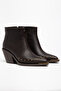 Bitter Brown Matte Leather Flat Trok Detail Zippered Metal Toe Western Cowboy Short Ankle Boots