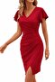 Women's Long Sleeve Ruffled Double-Breasted Collar Side Ruched Imported Crepe Dress - 3