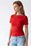 2158 Women's Lycra Bird Eye Detailed Boat Neck Blouse Red - 4