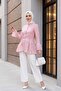 Hakim Yaka Front Buttoned Lined Ruffled Polyviscon Tunic - Powder - 3