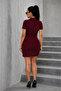 Women's Double-Breasted Collared Short Imported Crepe Dress with Waist Buckle - 4