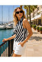 Women's Black and White Striped Degaje Collar Backless Blouse Cm26Bz00495 - 5