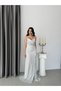 White Polka Dot Flounce Slit Strapless Evening Dress - 3