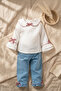 Girl's White Muslin Blouse and Gingham Bow Detailed Denim Trousers Two-Piece Combination Set - 100% Cotton - 2