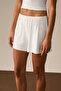 Fedes Women's Soft and Flexible Viscose Fabric Elastic Waist Decorative Button Detailed Ecru Shorts - 2