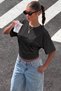 Women's Waist-Fitted Wide Sleeve Blouse Bat Sleeve Black Blouse - 2