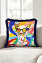 Pop Art Cat Figured Colorful Fringed Pillowcase - Abstract Blue Navy Tassel Throw Pillow Cover - 3