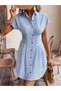 Women's Short Sleeve Collared Front Buttoned Short Tricotine Dress