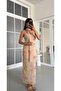 Women's Beige Floral Scarf Long Tulle Dress with Drawstring Straps