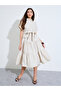 Beige Shirt Midi Dress With Tie-Belt - 3