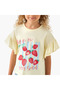 Crew Neck Short Ruffle Sleeves T-shirt with Cat Graphic Print - 4