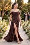 Women's Brown Off-Shoulder Long Chiffon Evening Dress with Side Slits - 5