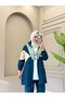 Women's 3-Piece Set Zippered Jacket T-Shirt Pants Double Crepe N-05527 _ Petrol - 3