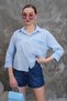 Women's Blue Guipure Detailed Double Pocket Linen Shirt Pc028 - 4