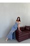 Baby Blue Stone Strap Draped Glittery Slit Evening Dress - 4