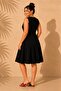 Women's Black Plus Size V-Neck Front Embroidered Buttoned Sleeveless Flared Viscose Flexible Short Dress - 4