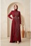 Satin Stone Hijab Evening Dress 5724-01 Burgundy