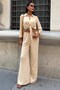 Women's Clothing Beige Ayrobin Long Sleeve Plain Tie-Up Double Set