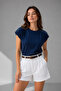 Women's Navy Blue Accessory Detailed Cotton Modal Crew Neck Short Sleeve Blouse - 4