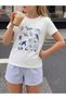 Girl's Sea Creatures Printed White T-Shirt-Blue White Striped Poplin Fabric Shorts Bottom Top Set