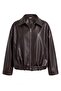 Women's Black Oversize Belt Detailed Comfortable Fit Zippered Bomber Leather Jacket - 2