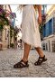 Women's Brown Suede Buckle-Strap Very Comfortable Caged Flat Sandals (Heel Height 2cm) - 3