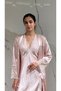2 Piece Women's Satin Lace Detailed Long Dressing Gown and Nightgown Set Dowry Dress with Slit Shoulder Sleeves and Slit Lace Detail - 6