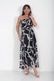Women's Helen One Shoulder Buckle Detailed Lined Abstract Pattern Long Chiffon Dress