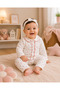 Baby Girl Heart Patterned Pajama Set Cotton Long Sleeve Buttoned Ecru Red Seasonal Comfortable Sleep Set 2-Piece