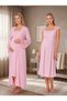 New Season Pink Special Lace Detailed Strappy 100% Cotton Nursing-Friendly Design Maternity Dressing Gown Nightgown Set - 5