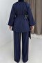 Women's Pleated Belted Suede Suit Navy Blue - 3
