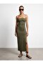91640 Strapless Dress with Slit Detail - Khaki