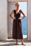Brown Double-Breasted Collar Sleeveless Robe with Elastic Shoulder Gathering Casual Muslin Long Woven Dress 120 52 - 6